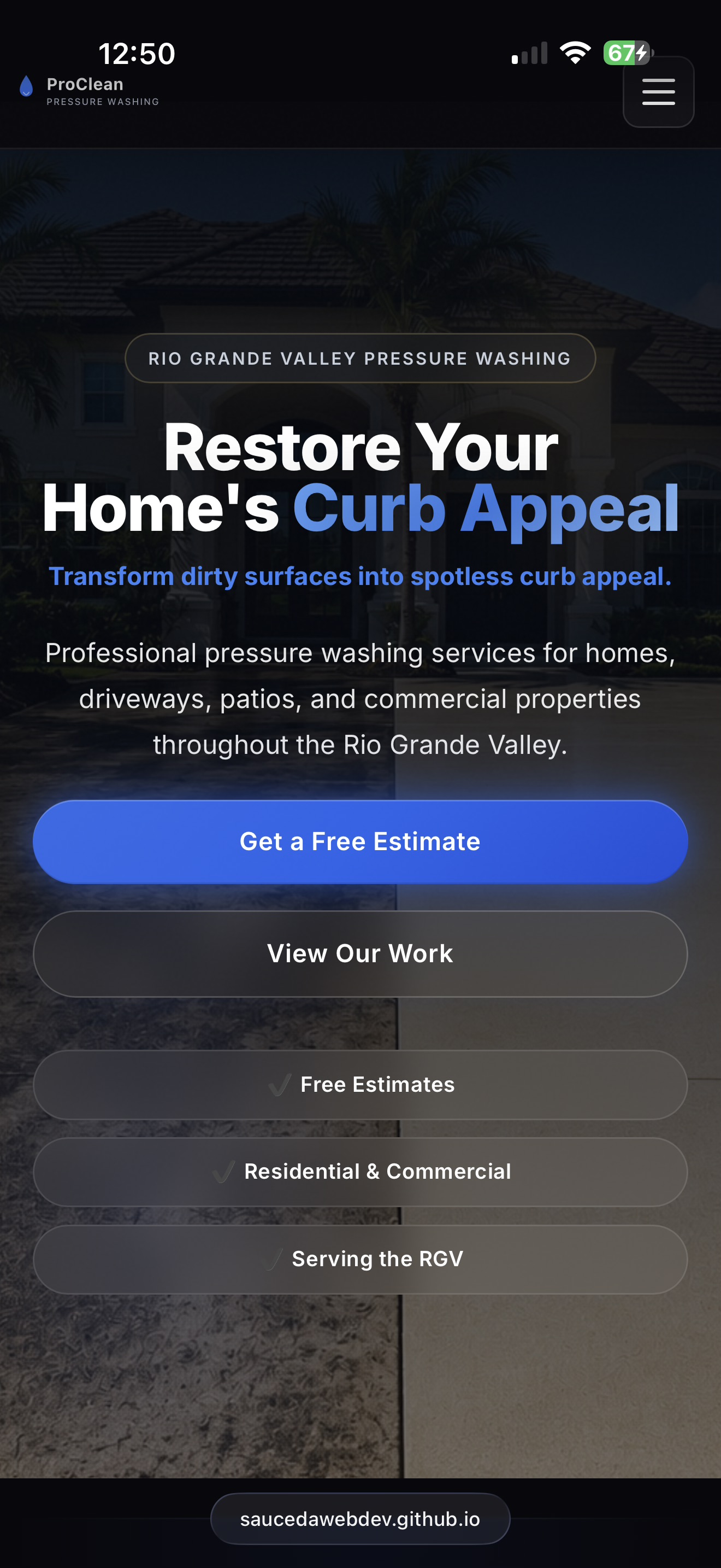 Pro Clean Pressure Washing website on mobile